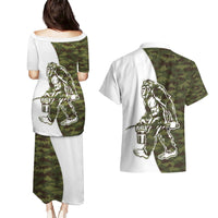 Funny Bigfoot Green Military Texture Fish Couples Matching Puletasi and Hawaiian Shirt - Wonder Print Shop