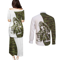 Funny Bigfoot Green Military Texture Fish Couples Matching Puletasi and Long Sleeve Button Shirt - Wonder Print Shop