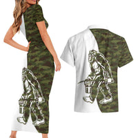Funny Bigfoot Green Military Texture Fish Couples Matching Short Sleeve Bodycon Dress and Hawaiian Shirt LT03