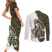 Funny Bigfoot Green Military Texture Fish Couples Matching Short Sleeve Bodycon Dress and Long Sleeve Button Shirt - Wonder Print Shop