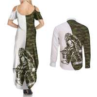 Funny Bigfoot Green Military Texture Fish Couples Matching Summer Maxi Dress and Long Sleeve Button Shirt - Wonder Print Shop