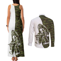 Funny Bigfoot Green Military Texture Fish Couples Matching Tank Maxi Dress and Long Sleeve Button Shirt - Wonder Print Shop