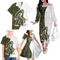Funny Bigfoot Green Military Texture Fish Family Matching Off The Shoulder Long Sleeve Dress and Hawaiian Shirt - Wonder Print Shop