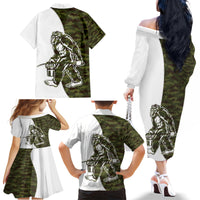 Funny Bigfoot Green Military Texture Fish Family Matching Off The Shoulder Long Sleeve Dress and Hawaiian Shirt - Wonder Print Shop