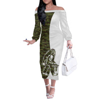 Funny Bigfoot Green Military Texture Fish Family Matching Off The Shoulder Long Sleeve Dress and Hawaiian Shirt - Wonder Print Shop