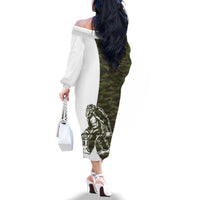Funny Bigfoot Green Military Texture Fish Family Matching Off The Shoulder Long Sleeve Dress and Hawaiian Shirt - Wonder Print Shop
