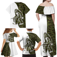 Funny Bigfoot Green Military Texture Fish Family Matching Off Shoulder Maxi Dress and Hawaiian Shirt - Wonder Print Shop