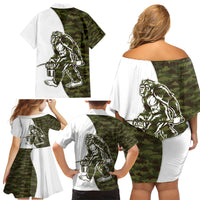 Funny Bigfoot Green Military Texture Fish Family Matching Off Shoulder Short Dress and Hawaiian Shirt - Wonder Print Shop