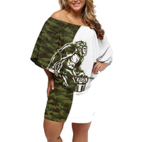 Funny Bigfoot Green Military Texture Fish Family Matching Off Shoulder Short Dress and Hawaiian Shirt - Wonder Print Shop