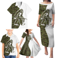 Funny Bigfoot Green Military Texture Fish Family Matching Puletasi and Hawaiian Shirt - Wonder Print Shop