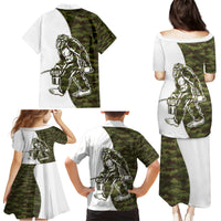 Funny Bigfoot Green Military Texture Fish Family Matching Puletasi and Hawaiian Shirt - Wonder Print Shop