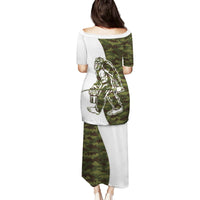 Funny Bigfoot Green Military Texture Fish Family Matching Puletasi and Hawaiian Shirt - Wonder Print Shop