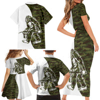Funny Bigfoot Green Military Texture Fish Family Matching Short Sleeve Bodycon Dress and Hawaiian Shirt - Wonder Print Shop