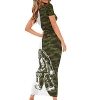 Funny Bigfoot Green Military Texture Fish Family Matching Short Sleeve Bodycon Dress and Hawaiian Shirt - Wonder Print Shop