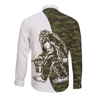 Funny Bigfoot Green Military Texture Fish Long Sleeve Button Shirt - Wonder Print Shop
