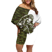 Funny Bigfoot Green Military Texture Fish Off Shoulder Short Dress - Wonder Print Shop