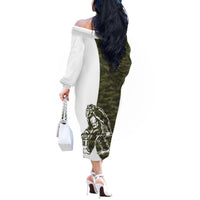 Funny Bigfoot Green Military Texture Fish Off The Shoulder Long Sleeve Dress - Wonder Print Shop