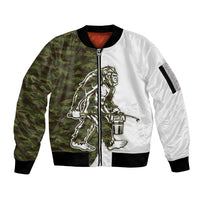 Funny Bigfoot Green Military Texture Fish Sleeve Zip Bomber Jacket - Wonder Print Shop