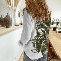 Funny Bigfoot Green Military Texture Fish Women Casual Shirt - Wonder Print Shop