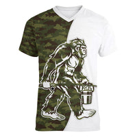 Funny Bigfoot Green Military Texture Fish Women V-Neck T-Shirt - Wonder Print Shop