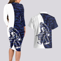 Funny Bigfoot Blue Military Texture Fish Couples Matching Long Sleeve Bodycon Dress and Hawaiian Shirt - Wonder Print Shop