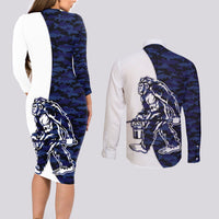 Funny Bigfoot Blue Military Texture Fish Couples Matching Long Sleeve Bodycon Dress and Long Sleeve Button Shirt - Wonder Print Shop