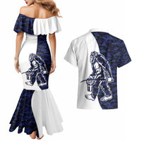 Funny Bigfoot Blue Military Texture Fish Couples Matching Mermaid Dress and Hawaiian Shirt - Wonder Print Shop