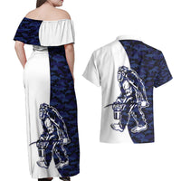 Funny Bigfoot Blue Military Texture Fish Couples Matching Off Shoulder Maxi Dress and Hawaiian Shirt - Wonder Print Shop