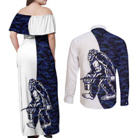Funny Bigfoot Blue Military Texture Fish Couples Matching Off Shoulder Maxi Dress and Long Sleeve Button Shirt - Wonder Print Shop