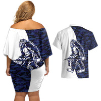 Funny Bigfoot Blue Military Texture Fish Couples Matching Off Shoulder Short Dress and Hawaiian Shirt - Wonder Print Shop