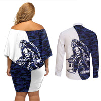 Funny Bigfoot Blue Military Texture Fish Couples Matching Off Shoulder Short Dress and Long Sleeve Button Shirt - Wonder Print Shop