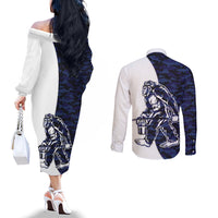 Funny Bigfoot Blue Military Texture Fish Couples Matching Off The Shoulder Long Sleeve Dress and Long Sleeve Button Shirt