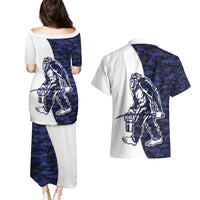 Funny Bigfoot Blue Military Texture Fish Couples Matching Puletasi and Hawaiian Shirt - Wonder Print Shop