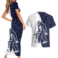 Funny Bigfoot Blue Military Texture Fish Couples Matching Short Sleeve Bodycon Dress and Hawaiian Shirt - Wonder Print Shop