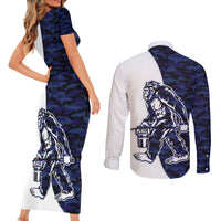 Funny Bigfoot Blue Military Texture Fish Couples Matching Short Sleeve Bodycon Dress and Long Sleeve Button Shirt - Wonder Print Shop
