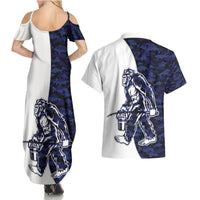 Funny Bigfoot Blue Military Texture Fish Couples Matching Summer Maxi Dress and Hawaiian Shirt - Wonder Print Shop