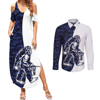 Funny Bigfoot Blue Military Texture Fish Couples Matching Summer Maxi Dress and Long Sleeve Button Shirt - Wonder Print Shop