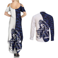 Funny Bigfoot Blue Military Texture Fish Couples Matching Summer Maxi Dress and Long Sleeve Button Shirt - Wonder Print Shop