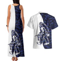 Funny Bigfoot Blue Military Texture Fish Couples Matching Tank Maxi Dress and Hawaiian Shirt - Wonder Print Shop