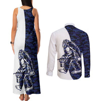 Funny Bigfoot Blue Military Texture Fish Couples Matching Tank Maxi Dress and Long Sleeve Button Shirt - Wonder Print Shop
