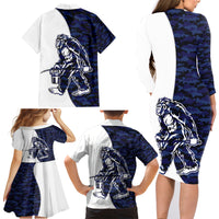Funny Bigfoot Blue Military Texture Fish Family Matching Long Sleeve Bodycon Dress and Hawaiian Shirt - Wonder Print Shop