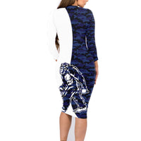 Funny Bigfoot Blue Military Texture Fish Family Matching Long Sleeve Bodycon Dress and Hawaiian Shirt - Wonder Print Shop