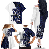 Funny Bigfoot Blue Military Texture Fish Family Matching Off The Shoulder Long Sleeve Dress and Hawaiian Shirt - Wonder Print Shop