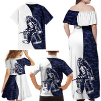 Funny Bigfoot Blue Military Texture Fish Family Matching Off Shoulder Maxi Dress and Hawaiian Shirt - Wonder Print Shop