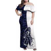 Funny Bigfoot Blue Military Texture Fish Family Matching Off Shoulder Maxi Dress and Hawaiian Shirt - Wonder Print Shop