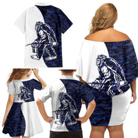Funny Bigfoot Blue Military Texture Fish Family Matching Off Shoulder Short Dress and Hawaiian Shirt - Wonder Print Shop