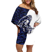 Funny Bigfoot Blue Military Texture Fish Family Matching Off Shoulder Short Dress and Hawaiian Shirt - Wonder Print Shop