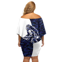 Funny Bigfoot Blue Military Texture Fish Family Matching Off Shoulder Short Dress and Hawaiian Shirt - Wonder Print Shop