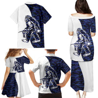 Funny Bigfoot Blue Military Texture Fish Family Matching Puletasi and Hawaiian Shirt - Wonder Print Shop