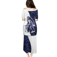 Funny Bigfoot Blue Military Texture Fish Family Matching Puletasi and Hawaiian Shirt - Wonder Print Shop